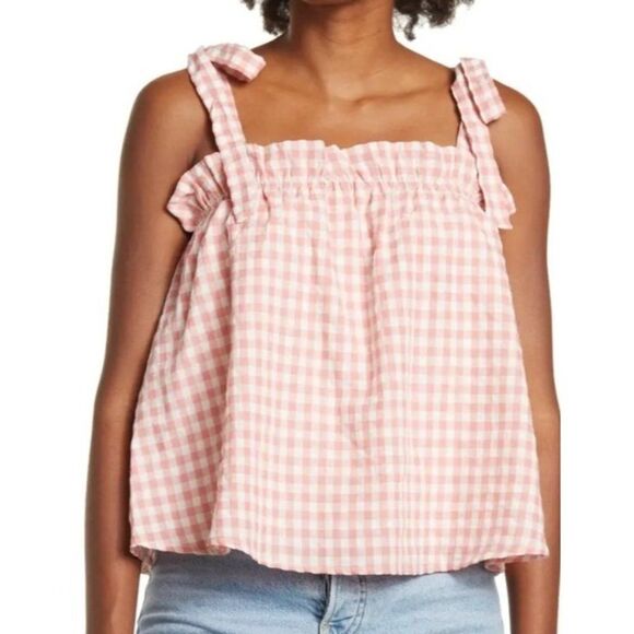 The Good Jane Tops - The Good Jane Shoulder Tie Shirred Picnic Blouse Sz M Pink & White Gingham NEW